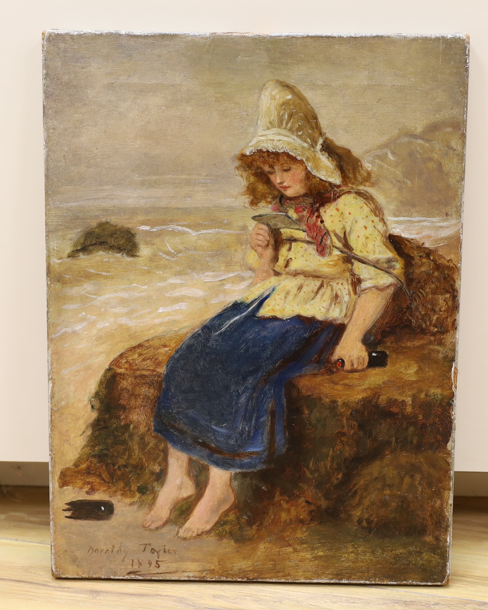 Dorothy Taylor, oil on canvas, Fishergirl on the shore, signed and dated 1895, 41 x 30cm, unframed